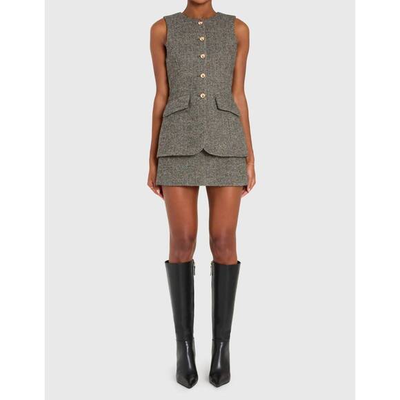 AMANDA UPRICHARD Pants - Amanda Uprichard Sleeveless Tweed Romper in Gray with Gold Buttons